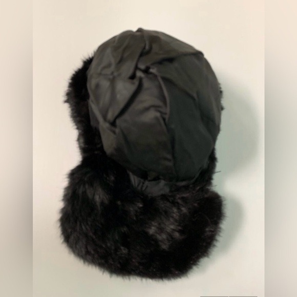 Black Faux Fur Billed Cap with Pom - Picture 2 of 7